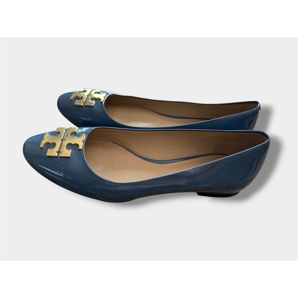 Tory Burch Reva Ballet Flats‎ sz 7M Blue Patent Leather Gold Logo Medallion Good
